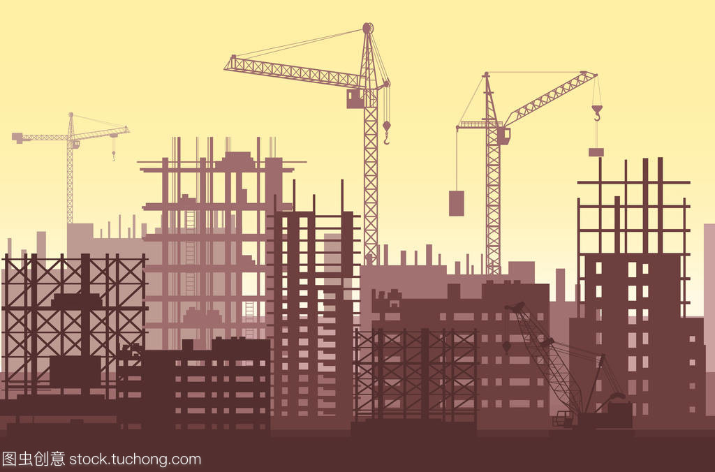 房屋建筑施工過程中。城市建筑工地起重機與摩天大樓